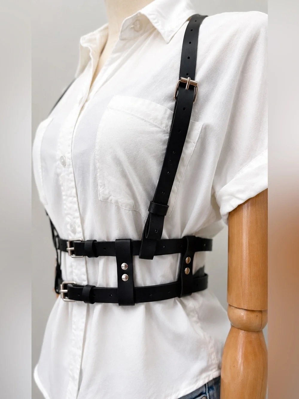 Black FauxLeather Harness Belt Body Chain Y2K Punk Adjustable Strappy Waist Belt